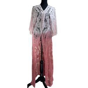 Dizzy Lizzy Lace Duster‎ Cardigan Pink Floral Embroidered Kimono Maxi Long